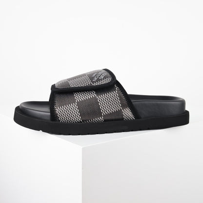 L***V Damier Graphite Black White Grey Woven Jacquard Velcro Adjustable Wide Strap Miami Slide Sandals — Spring Summer Boutique Limited Edition