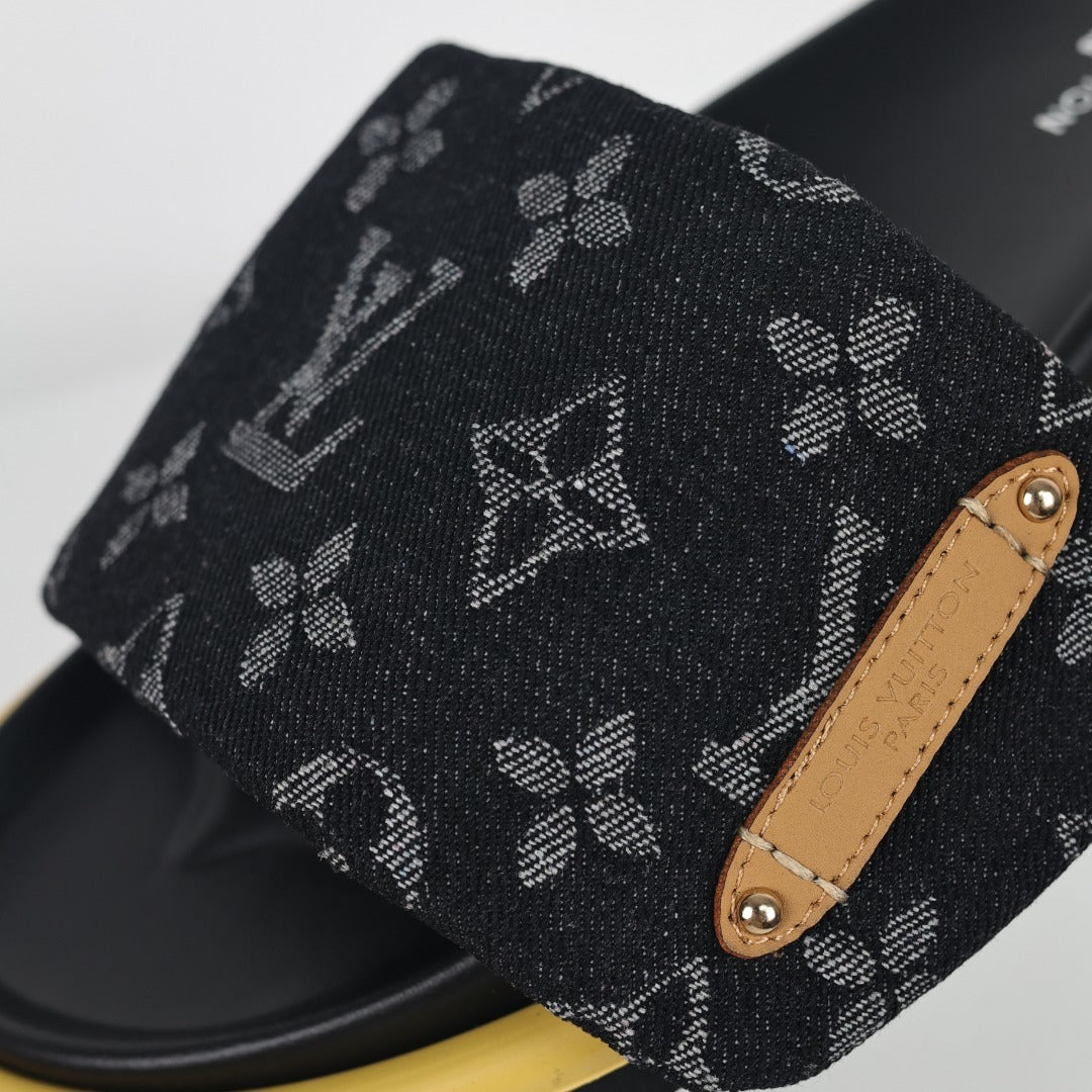 L***V Black Monogram Canvas Gold Safety Pin Platform Slide Sandals — 2024 Spring Summer Boutique Limited Edition