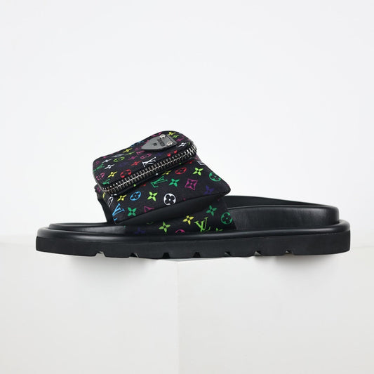 L***V Black Multicolor Monogram Gold Zipper Bow Wide Strap Pool Pillow Slide Sandals — Spring Summer Boutique Limited Edition
