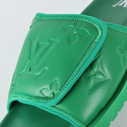 L***V Grass Green Inflated Pillow Leather Velcro Adjustable Wide Strap Miami Slide Sandals — Spring Summer Boutique Limited Edition