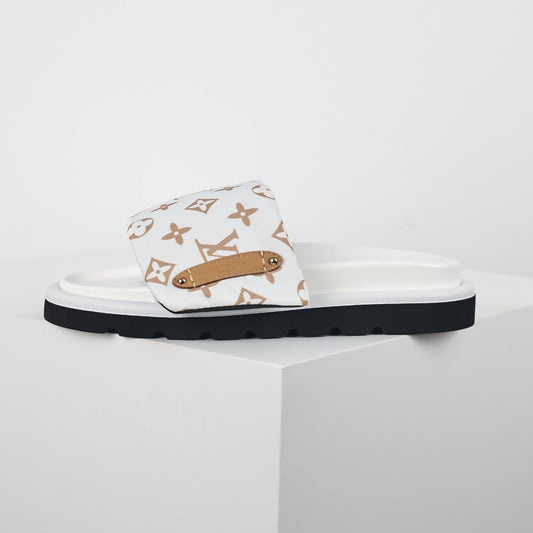 L***V White Giant Monogram Canvas Leather Trim Flat Slide Sandals — 2024 Spring Summer Boutique Limited Edition