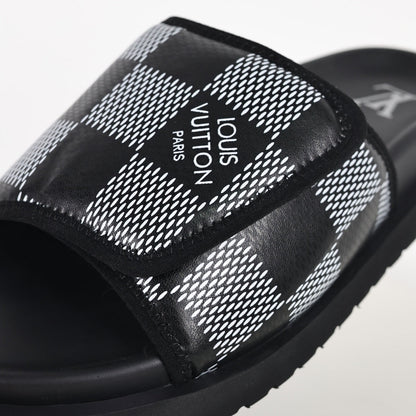 L***V Damier Graphite Black White Grey Woven Jacquard Pillow Slip-On Wide Strap Miami Slide Sandals — Spring Summer Boutique Limited Edition
