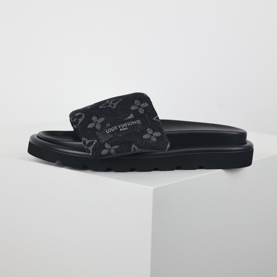 L***V All-Black Tonal Monogram Double Strap Flat Slide Sandals — 2024 Spring Summer Boutique Limited Edition