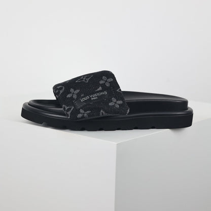 L***V All-Black Tonal Monogram Double Strap Flat Slide Sandals — 2024 Spring Summer Boutique Limited Edition