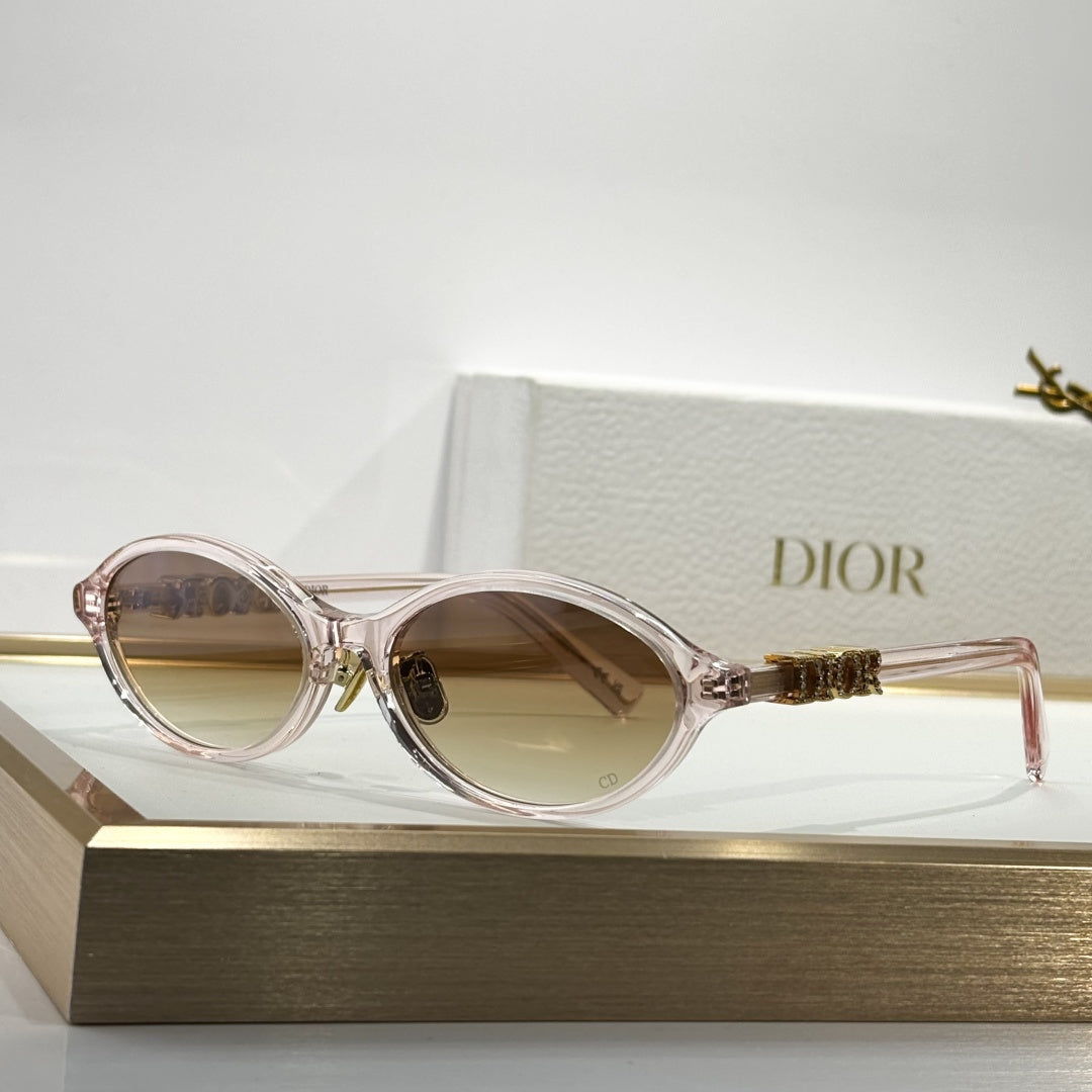 D**R Oval Cat-Eye Sunglasses | Acetate & Metal Inner Frame, Crystal-Set DIOR Letter Temple, Gradient Brown or Flat Grey Lenses | 6 Colors incl. Transparent Pink & Black