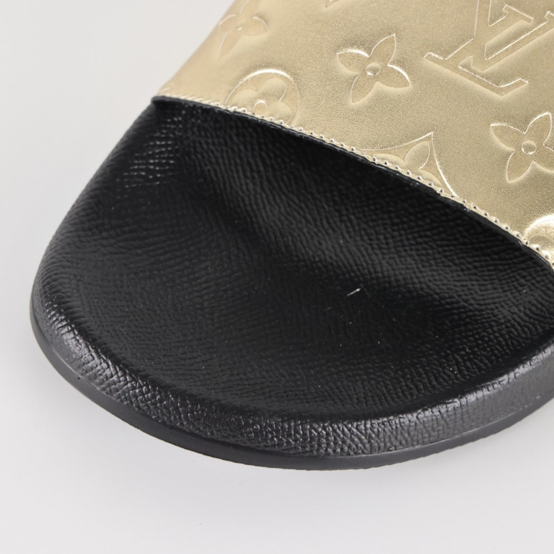 L***V Gold Mirror Metallic Embossed Monogram Waterfront Wide Strap Slide Sandals — Spring Summer Boutique Limited Edition