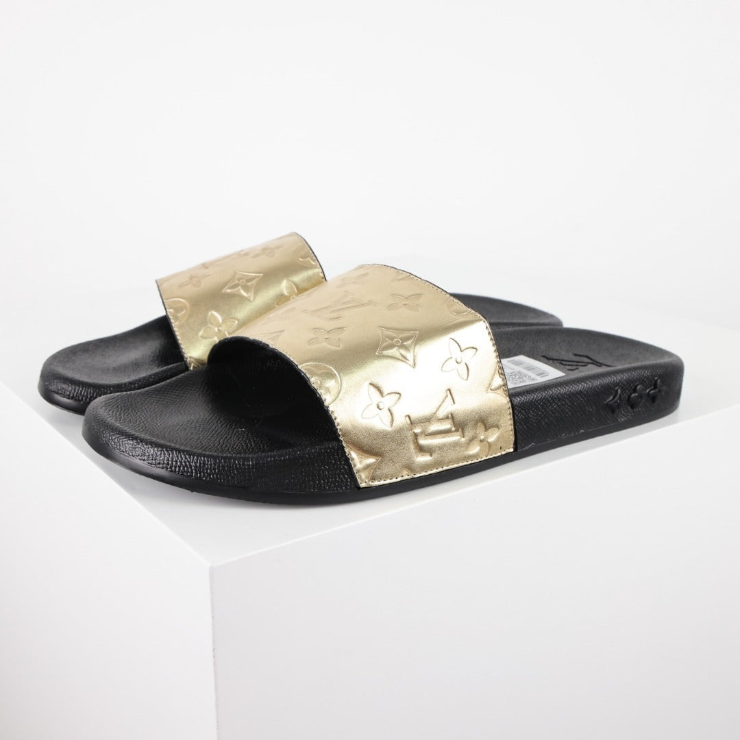 L***V Gold Mirror Metallic Embossed Monogram Waterfront Wide Strap Slide Sandals — Spring Summer Boutique Limited Edition