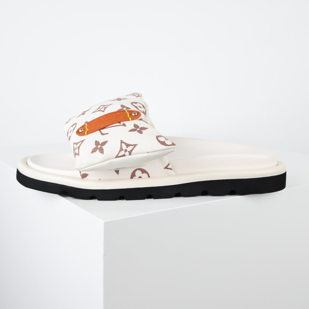 L***V Monogram Canvas Velcro Strap Slide Sandals — SS24 Cream Wide Band Slip-On Pool Beach Slippers (4 Colors)