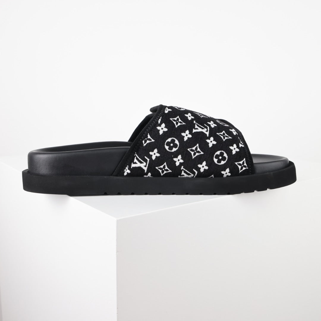L***V Black White Monogram Woven Jacquard Slip-On Wide Strap Miami Slide Sandals — Spring Summer Boutique Limited Edition