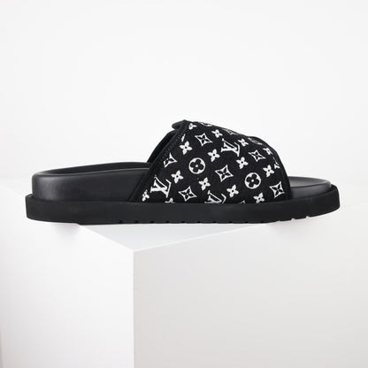 L***V Black White Monogram Woven Jacquard Slip-On Wide Strap Miami Slide Sandals — Spring Summer Boutique Limited Edition