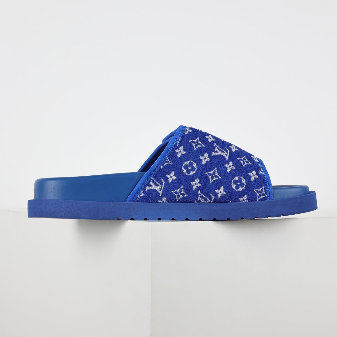 L***V Royal Blue Monogram Jacquard Twisted Bow Ruched Strap Miami Slide Sandals — Spring Summer Boutique Limited Edition