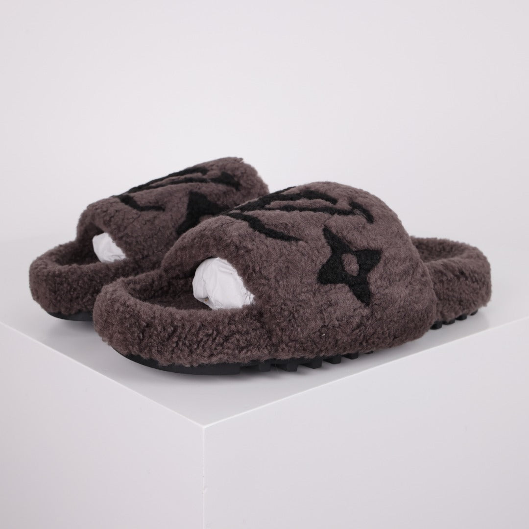 L***V Dark Chocolate Brown Tonal Monogram Shearling Lambswool Double Strap Slide Sandals — Autumn Winter Boutique Limited Edition