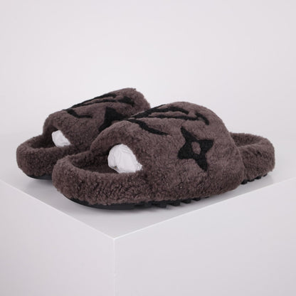L***V Dark Chocolate Brown Tonal Monogram Shearling Lambswool Double Strap Slide Sandals — Autumn Winter Boutique Limited Edition