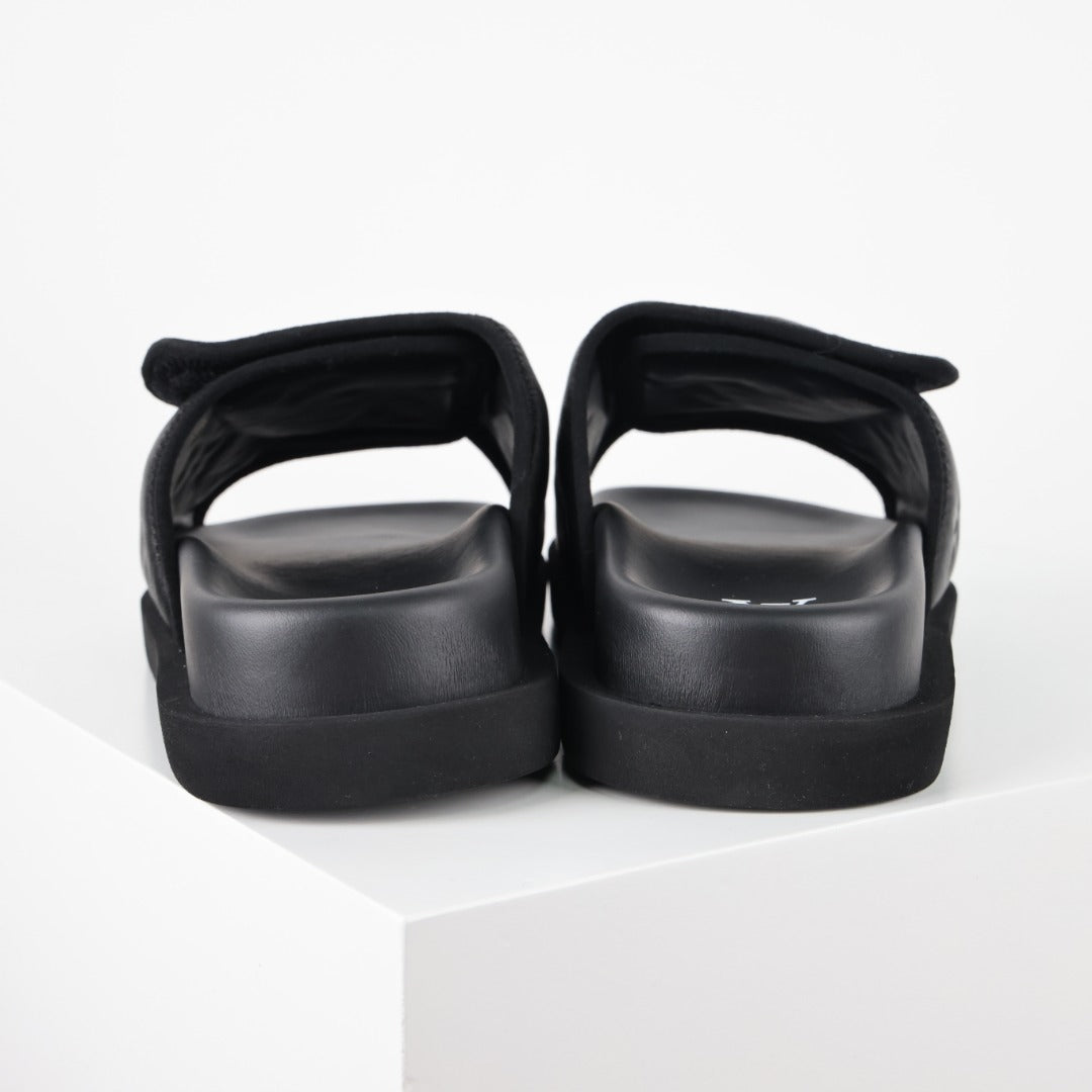 L***V All-Black Inflated Pillow Leather Velcro Adjustable Wide Strap Miami Slide Sandals — Spring Summer Boutique Limited Edition