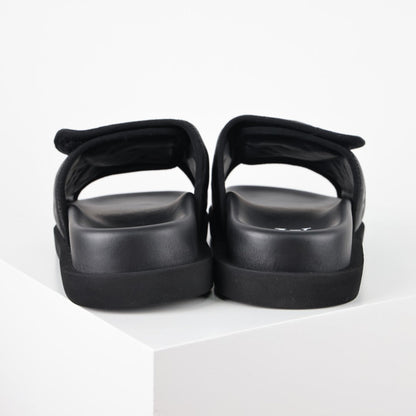 L***V All-Black Inflated Pillow Leather Velcro Adjustable Wide Strap Miami Slide Sandals — Spring Summer Boutique Limited Edition