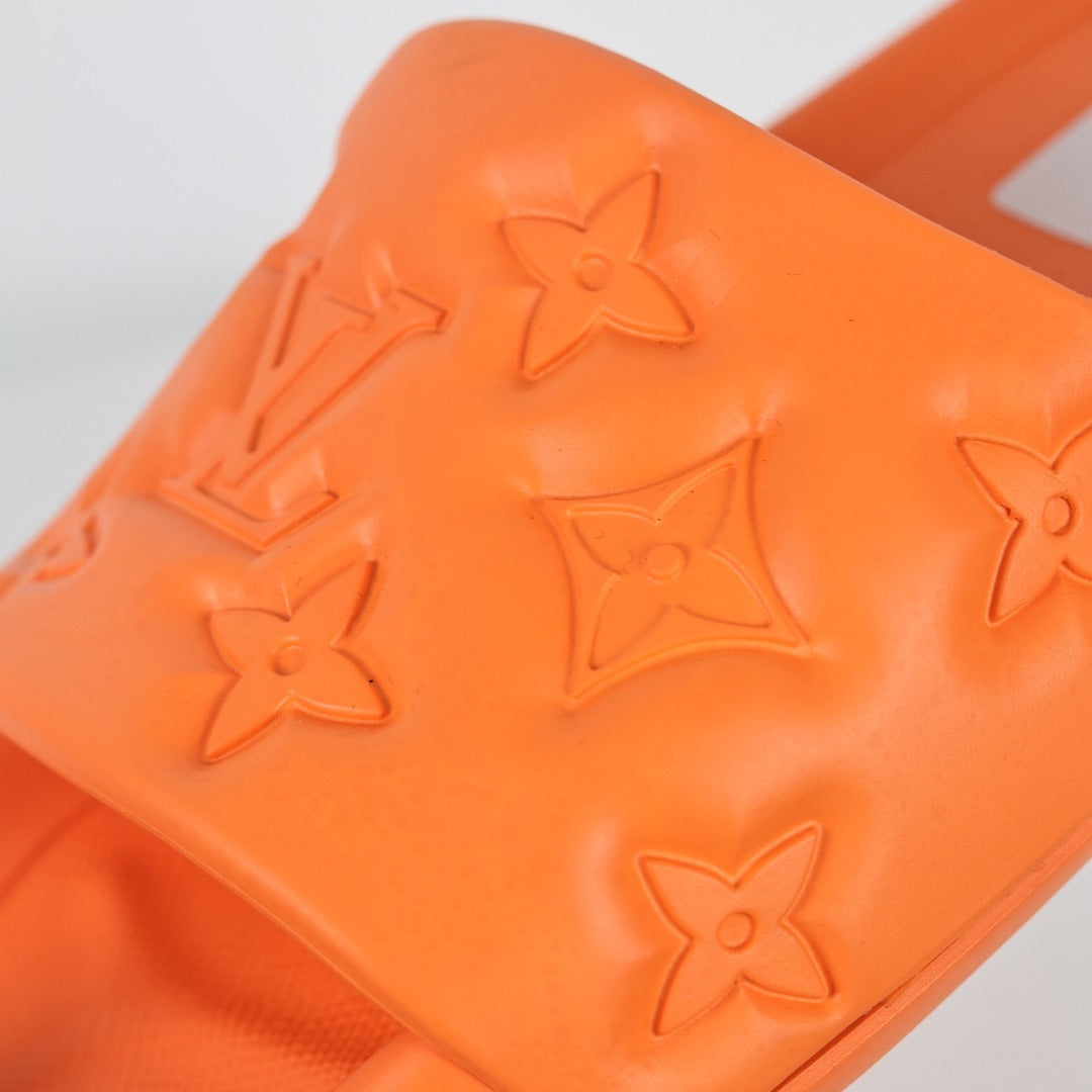 L***V Vivid Orange Tonal Monogram Embossed Waterproof EVA Waterfront Wide Strap Slide Sandals — Spring Summer Boutique Limited Edition