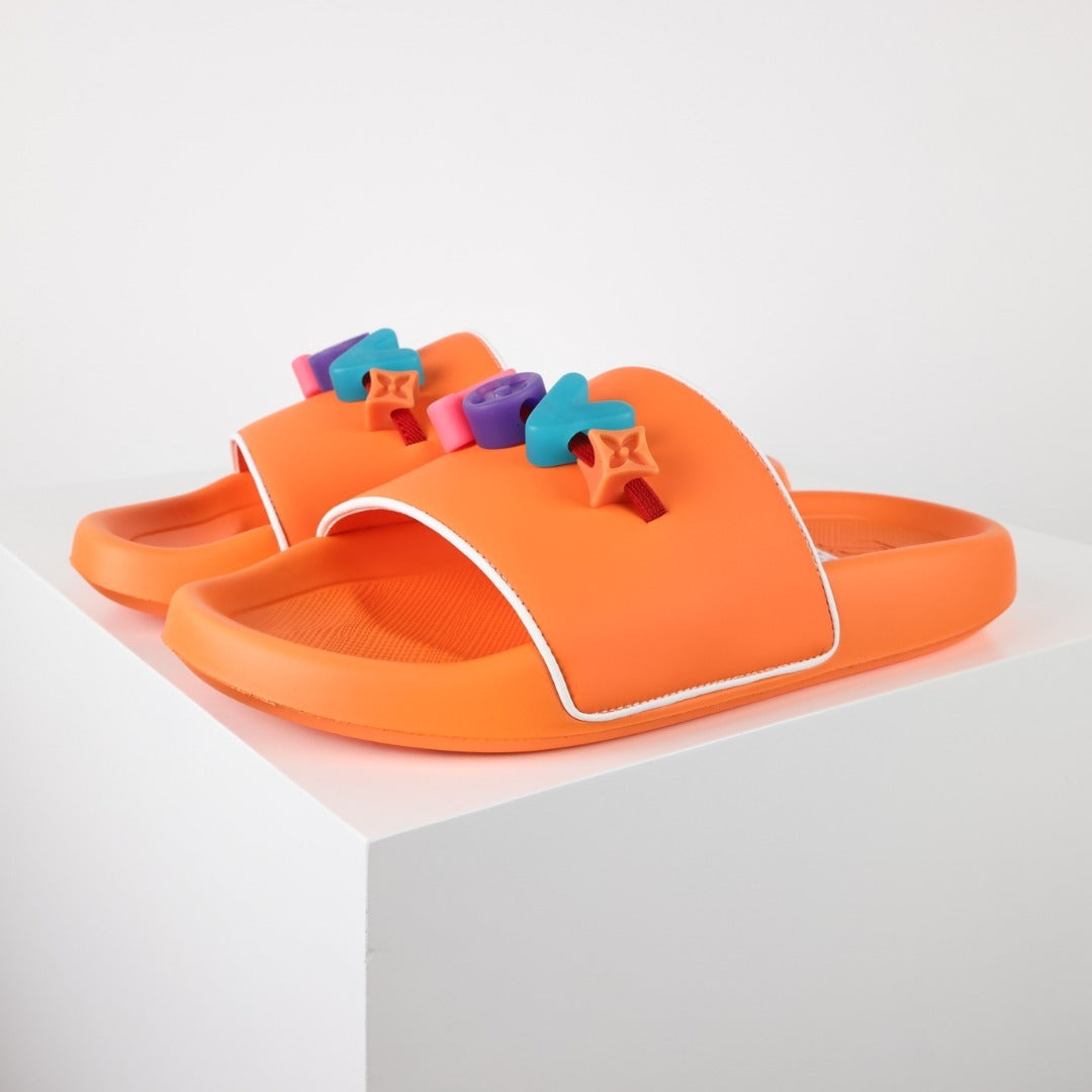 L***V Orange 3D Multicolor Pop Logo Wide Strap Slide Sandals — Spring Summer Boutique Limited Edition