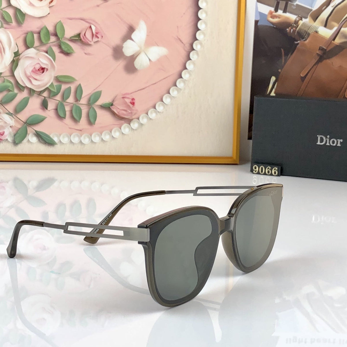 D**R Oversized Butterfly Sunglasses with Glossy Black Acetate Frame, Dark Grey Lenses & Geometric Open-Work Metal Bar Temples
