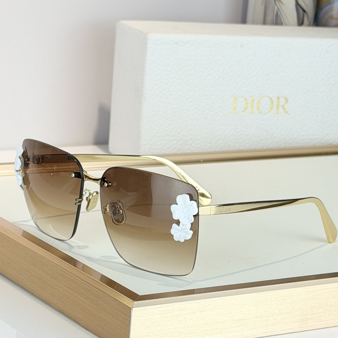D**R Clover S1U Rimless Sunglasses | Gold Metal Frame, White Floral Detail & Brown Gradient Lenses