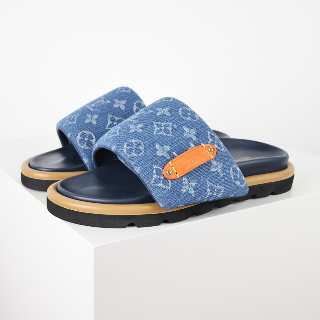 L***V Denim Monogram Velcro Strap Slide Sandals — Wide Band Adjustable Pool Beach Slippers (8 Colors)