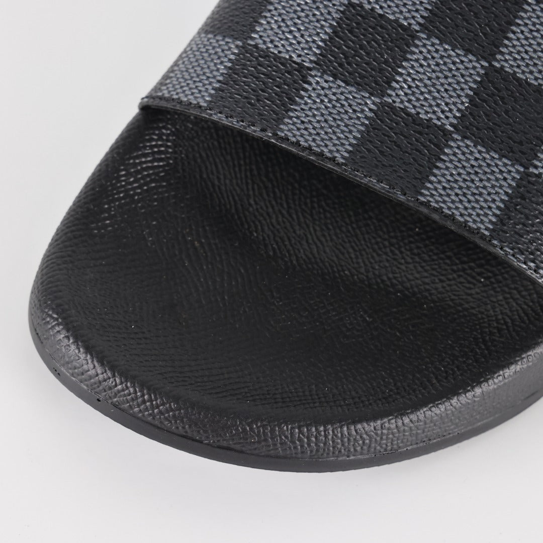L***V Damier Graphite All-Black Waterfront Wide Strap Slide Sandals — Spring Summer Boutique Limited Edition