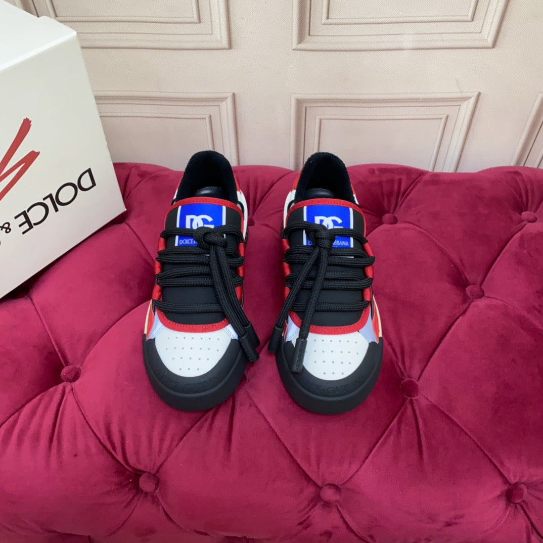 D*G 2026 Premium Leather Casual Sneakers - Designer Unisex Shoes in Red, Blue & White