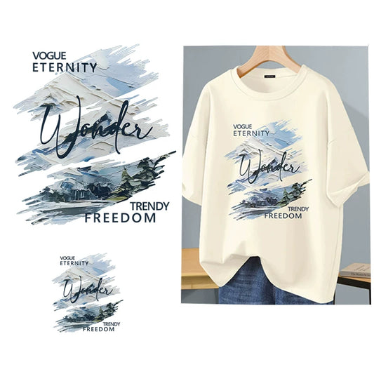 Wonder Vogue Eternity Heat Transfer Sticker for Apparel – Watercolor Mountain Iron-On Patch