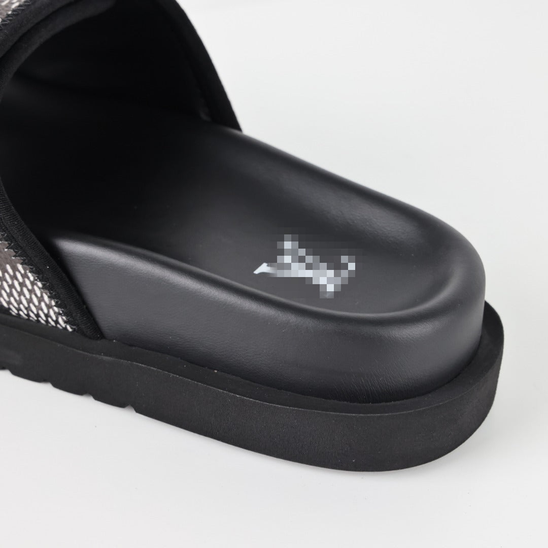L***V Damier Graphite Black White Grey Woven Jacquard Velcro Adjustable Wide Strap Miami Slide Sandals — Spring Summer Boutique Limited Edition
