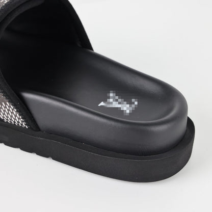L***V Damier Graphite Black White Grey Woven Jacquard Velcro Adjustable Wide Strap Miami Slide Sandals — Spring Summer Boutique Limited Edition