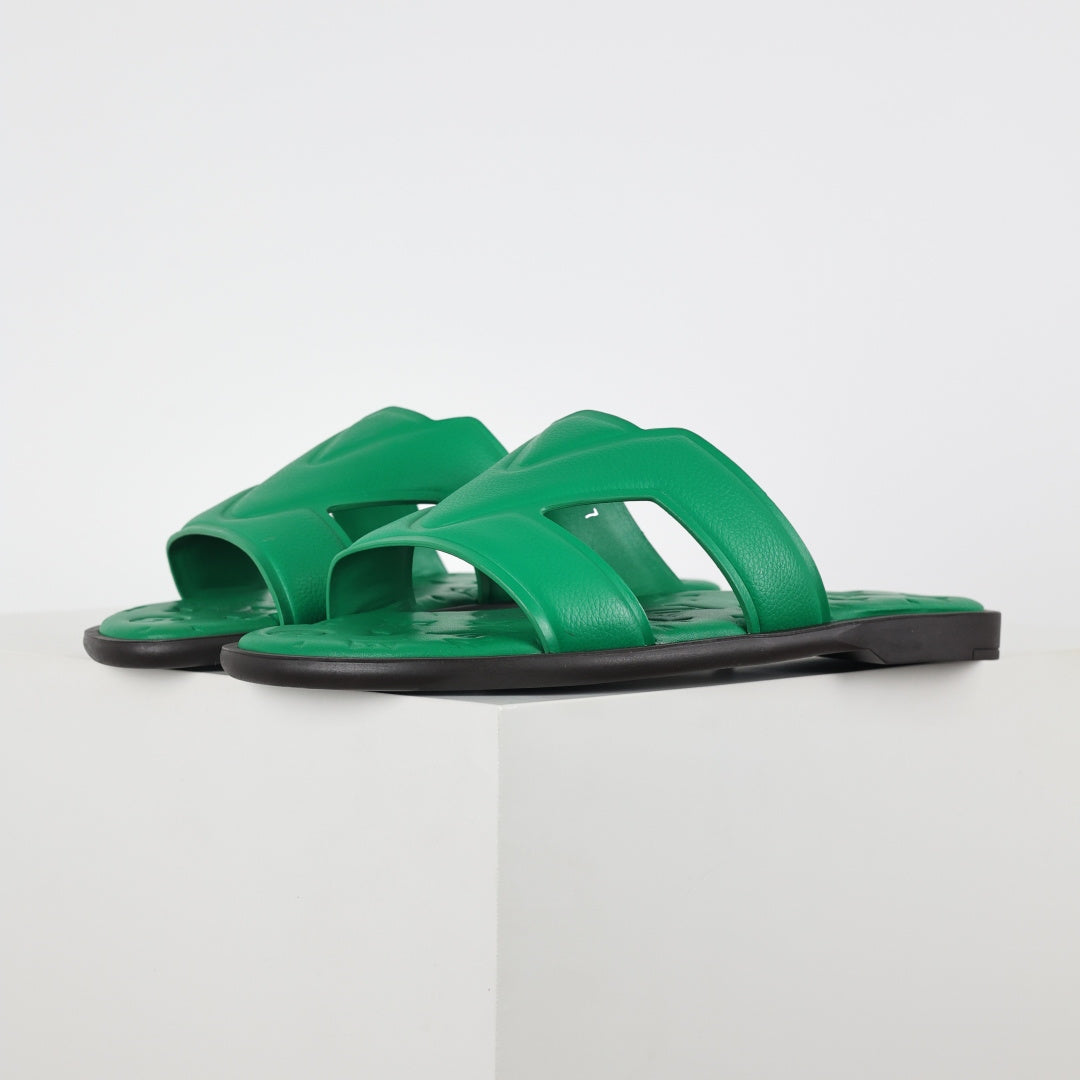 L***V Emerald Green Smooth Leather H-Strap Multi-Band Oasis Flat Slide Sandals — Spring Summer Boutique Limited Edition