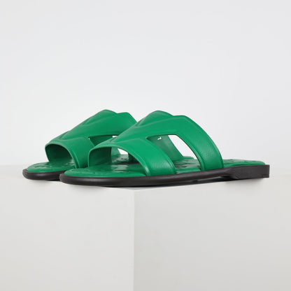 L***V Emerald Green Smooth Leather H-Strap Multi-Band Oasis Flat Slide Sandals — Spring Summer Boutique Limited Edition