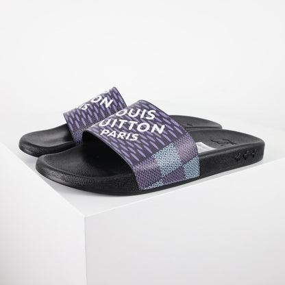 L***V Navy Blue Damier Jacquard LOUIS VUITTON PARIS Text Print Waterfront Wide Strap Slide Sandals — Spring Summer Boutique Limited Edition