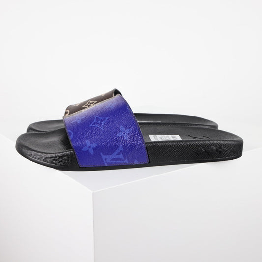 L***V Brown Monogram Cobalt Blue Split Colorblock Waterfront Wide Strap Slide Sandals — Spring Summer Boutique Limited Edition