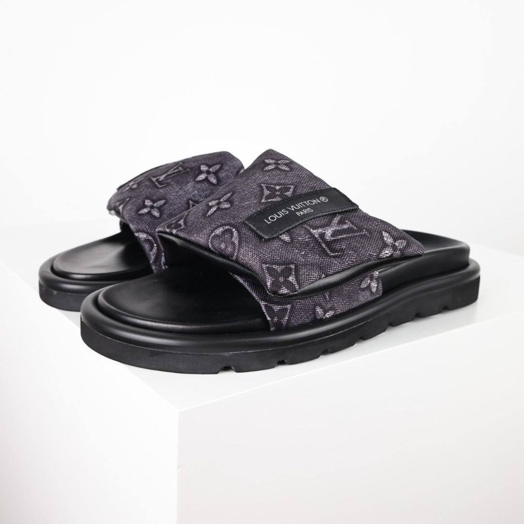L***V Dark Grey Monogram Nylon Pool Pillow Comfort Wide Strap Slide Sandals — Spring Summer Boutique Limited Edition