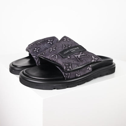 L***V Dark Grey Monogram Nylon Pool Pillow Comfort Wide Strap Slide Sandals — Spring Summer Boutique Limited Edition
