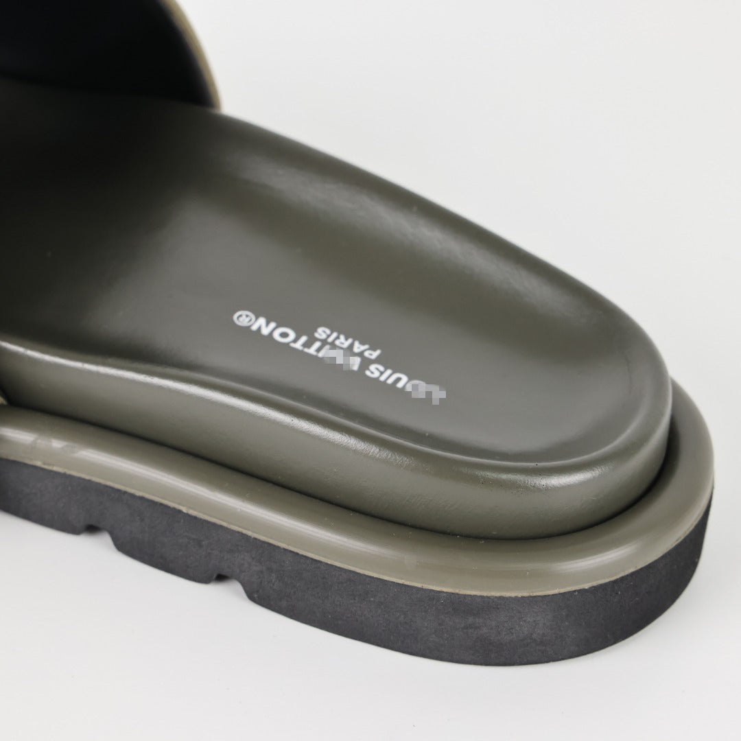 L***V Monogram Embossed Velvet Slide Sandals — Tonal Wide Band Slip-On Pool Beach Slippers (5 Colors)