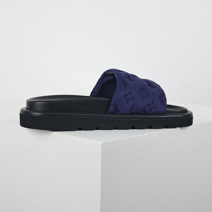 L***V Navy Blue Tonal Monogram Puffy Quilted Wide Strap Platform Slide Sandals — 2024 Spring Summer Boutique Limited Edition