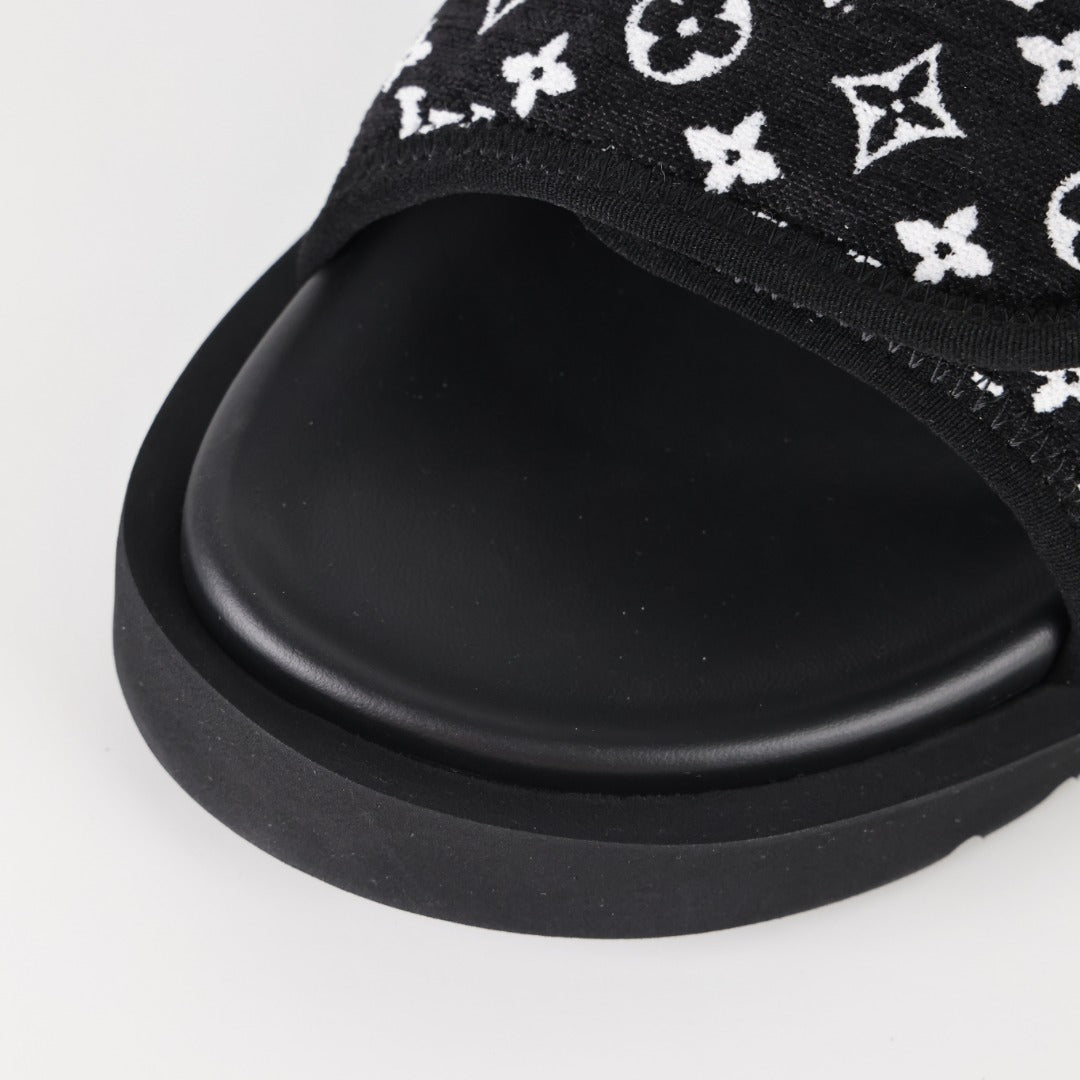 L***V Black White Monogram Woven Jacquard Slip-On Wide Strap Miami Slide Sandals — Spring Summer Boutique Limited Edition