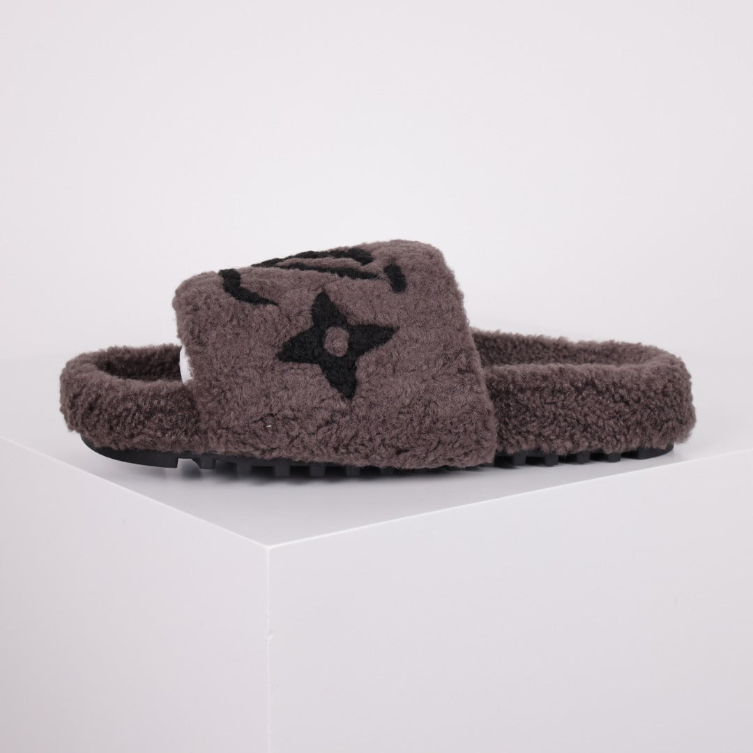 L***V Dark Chocolate Brown Tonal Monogram Shearling Lambswool Double Strap Slide Sandals — Autumn Winter Boutique Limited Edition