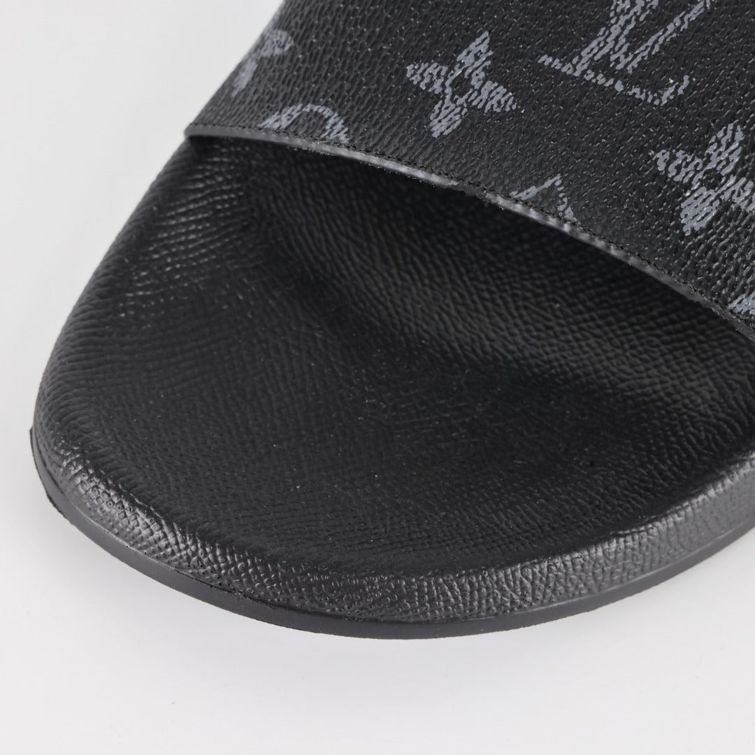 L***V Monogram Eclipse All-Black Waterfront Wide Strap Slide Sandals — Spring Summer Boutique Limited Edition