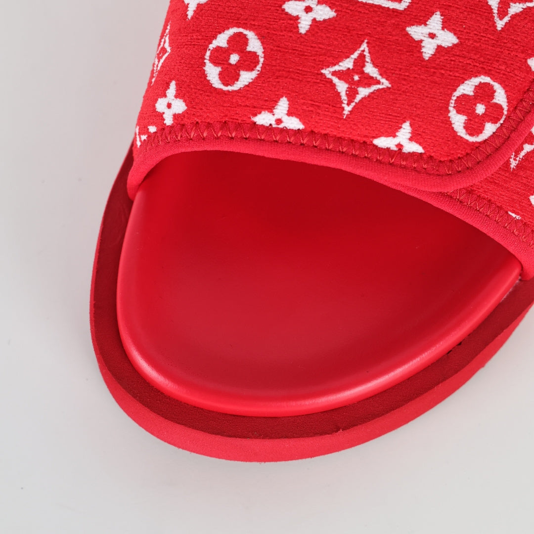 L***V Scarlet Red Monogram Jacquard Twisted Bow Ruched Strap Miami Slide Sandals — Spring Summer Boutique Limited Edition
