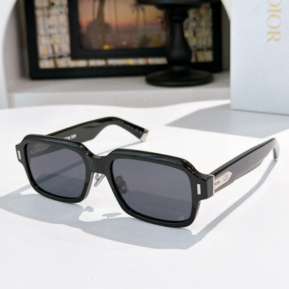 D**R Thick Rectangular Sunglasses with Chunky Smoky Grey Transparent Acetate Frame, Dark Grey Solid Lenses & Silver CD Badge Hardware