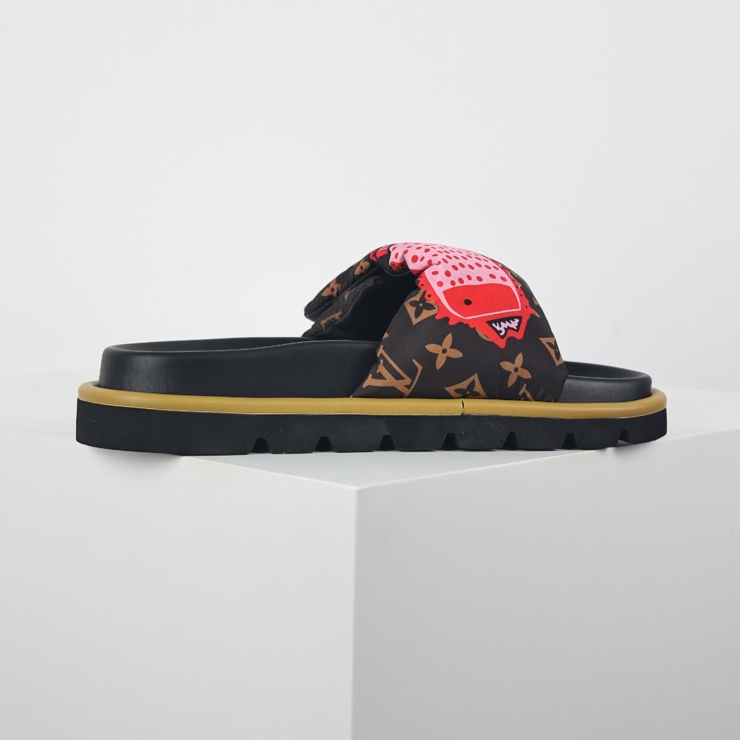 L***V Brown Monogram Graffiti Circle Print Wide Strap Platform Slide Sandals — Spring Summer Boutique Limited Edition