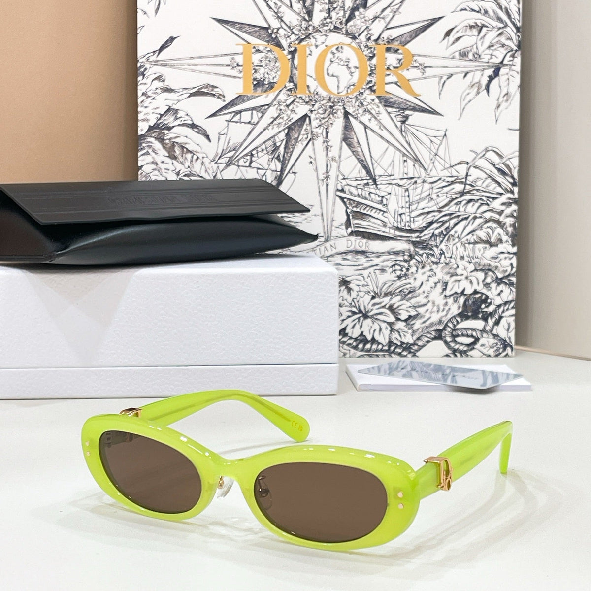 D**R Slim Oval Sunglasses with Clear Transparent Acetate Frame, Forest Green Lenses & Gold Logo Hardware