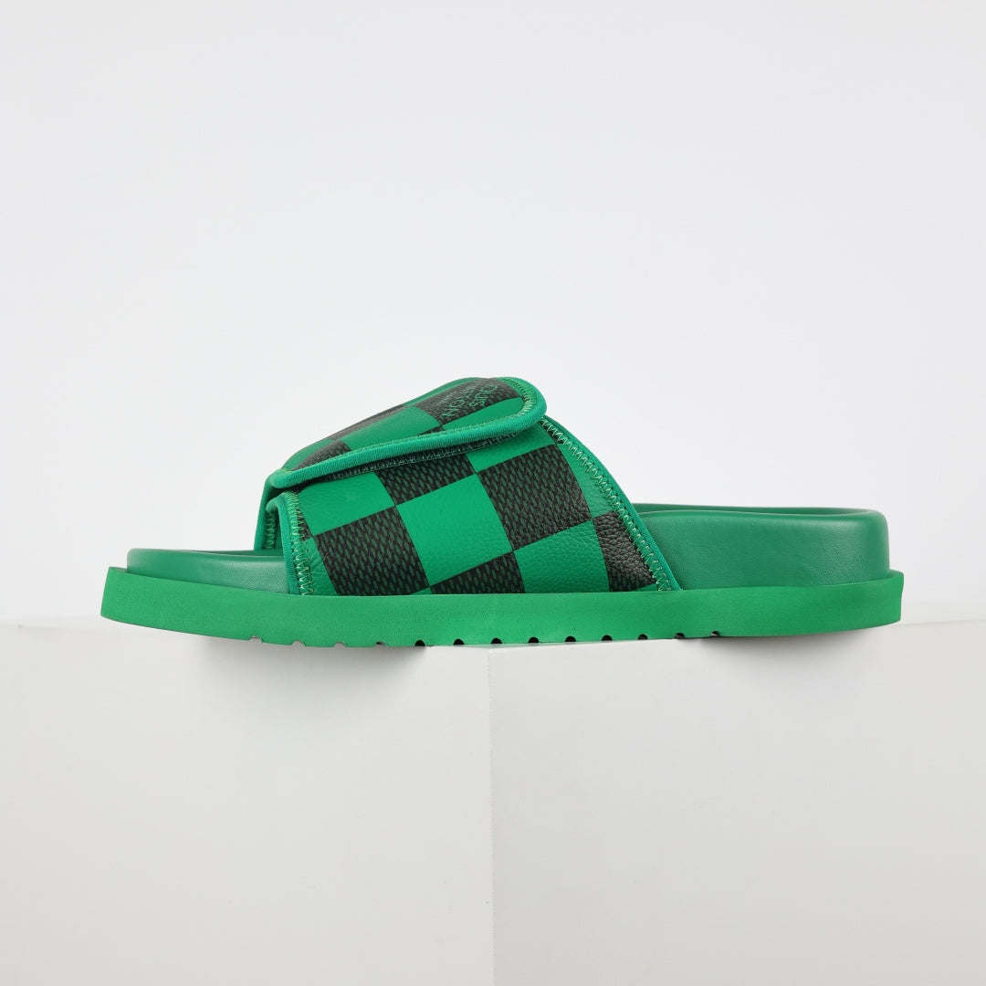 L***V Grass Green Black Damier Checkerboard Inflated Pillow Leather Velcro Double Strap Miami Slide Sandals — Spring Summer Boutique Limited Edition