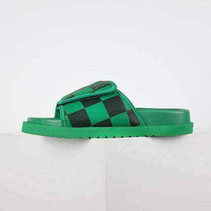 L***V Grass Green Black Damier Checkerboard Inflated Pillow Leather Velcro Double Strap Miami Slide Sandals — Spring Summer Boutique Limited Edition