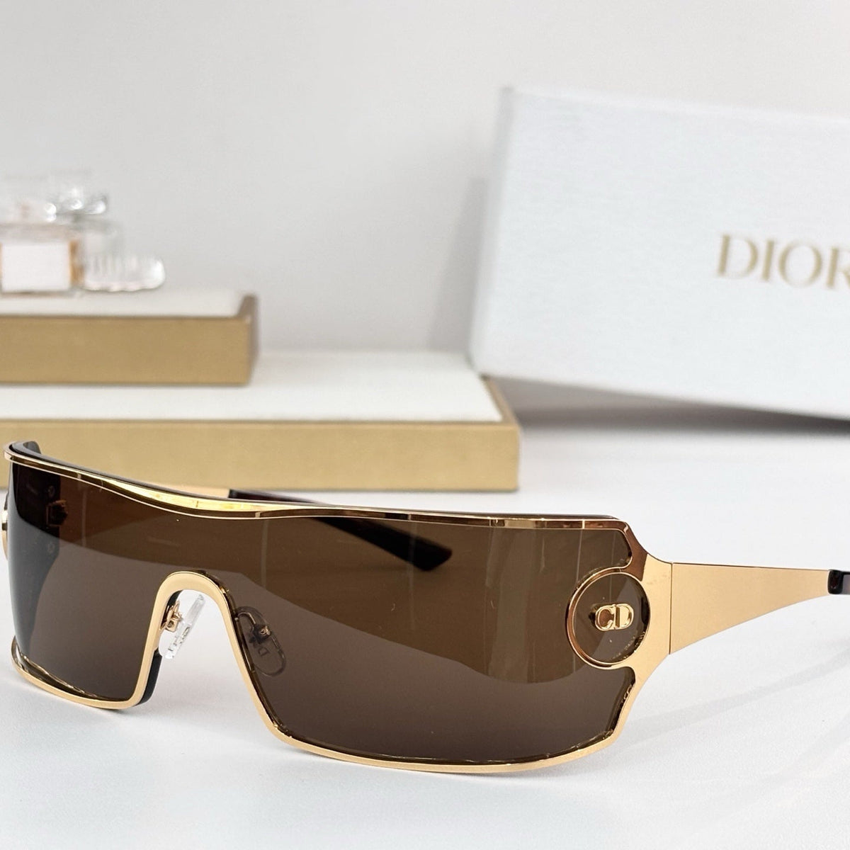 D**R Shield Wraparound Sunglasses | One-Piece Lens, Metal Frame, CD Circle Badge Temple, Silver & Gold | 6 Colors