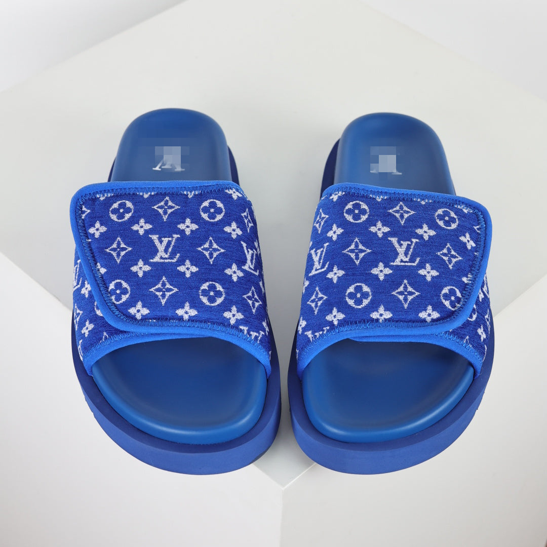 L***V Royal Blue Monogram Jacquard Twisted Bow Ruched Strap Miami Slide Sandals — Spring Summer Boutique Limited Edition