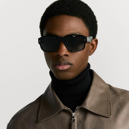 D**R Bold Square Acetate Sunglasses | Oval CD Metal Inlay, Two-Rivet Grooved Temple, White Acetate Tip | Black & Olive Green
