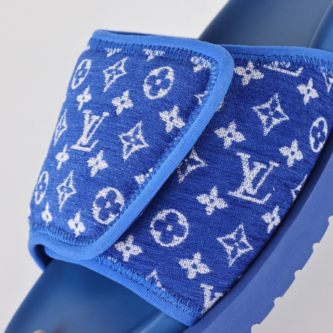 L***V Royal Blue Monogram Jacquard Velcro Adjustable Wide Strap Miami Slide Sandals — Spring Summer Boutique Limited Edition